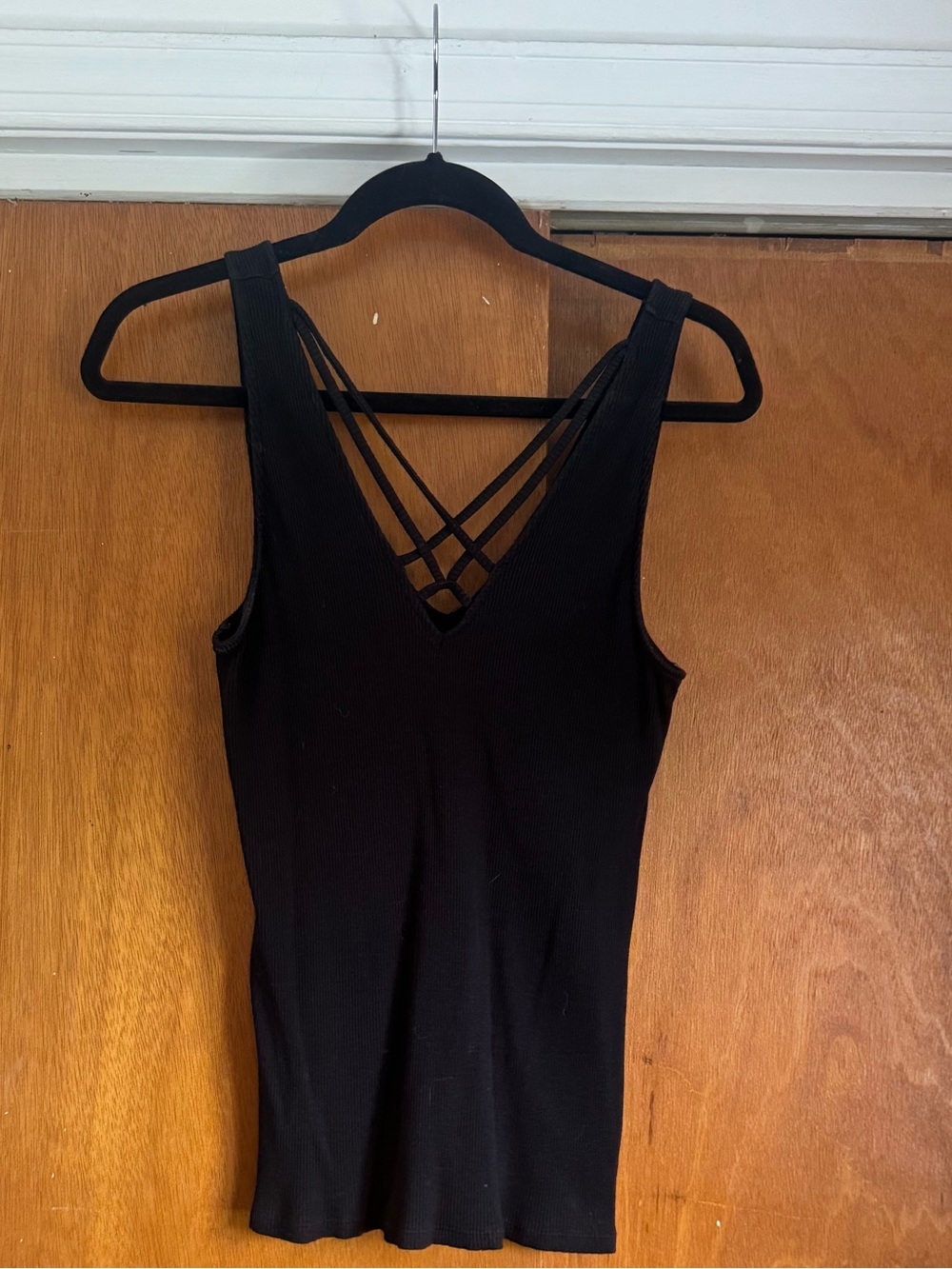 Express Black Ribbed V-Neck Tank with Crisscross Straps